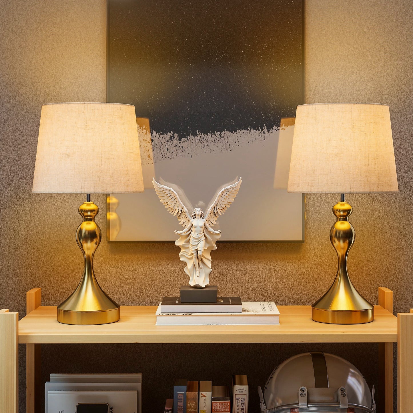 Rino Metal Gold Tone Set Of 2 Bedside Lamps With USB Charging Ports Linen Shades And 3 Colour Light