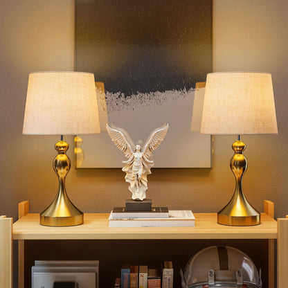 Rino Metal Gold Tone Set Of 2 Bedside Lamps With USB Charging Ports Linen Shades And 3 Colour Light