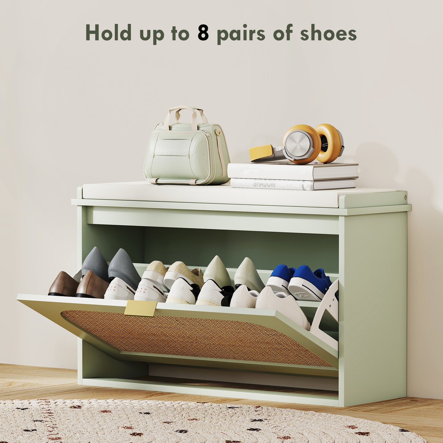 Rikena Coyo Wooden Light Green Boho Style Shoe Bench With Cushioned Seat And Flip Drawer