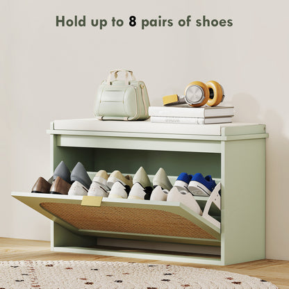 Rikena Coyo Wooden Light Green Boho Style Shoe Bench With Cushioned Seat And Flip Drawer