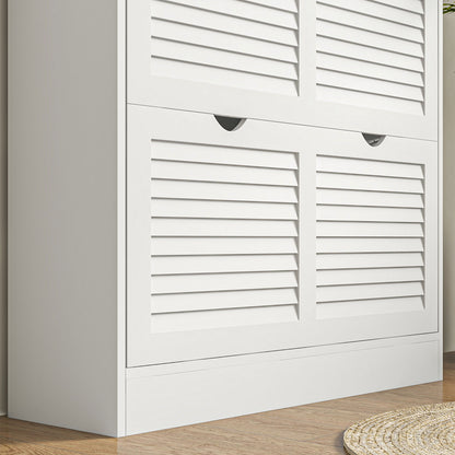 Nelu Neka Wooden White Slim Entryway Shoe Cabinet With 2 Flip Drawers Slatted Design