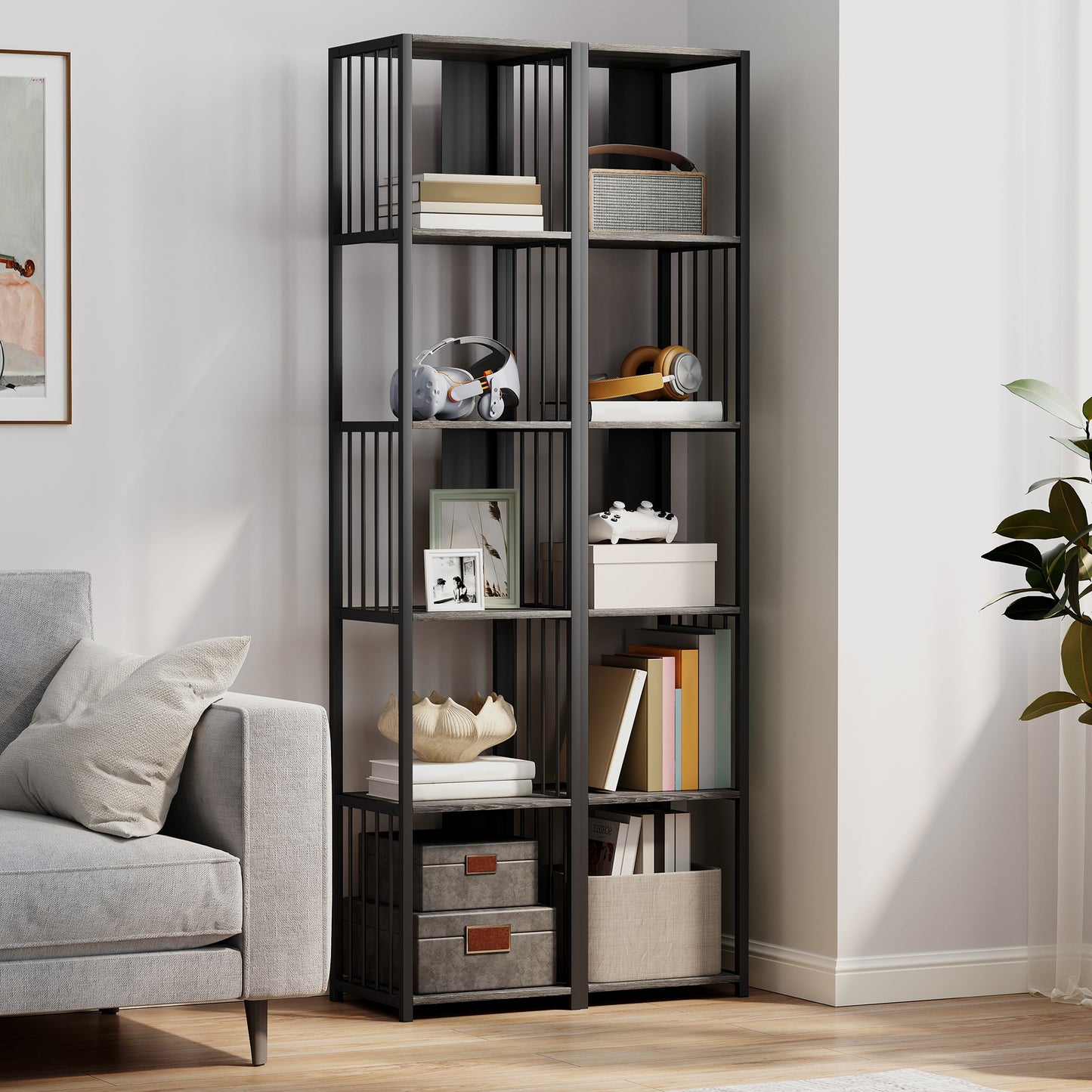 Reseka Metal And Wood Grey 5 Tier Bookshelf With Steel Frame