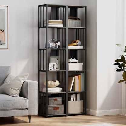 Reseka Metal And Wood Grey 5 Tier Bookshelf With Steel Frame