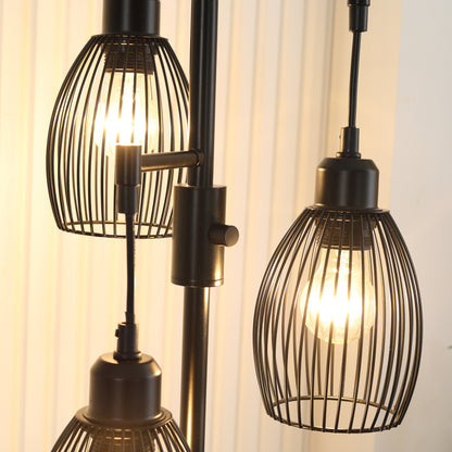 Elziba Metal Black Industrial 3 Light Floor Lamp With Wire Cage Shades 170 cm