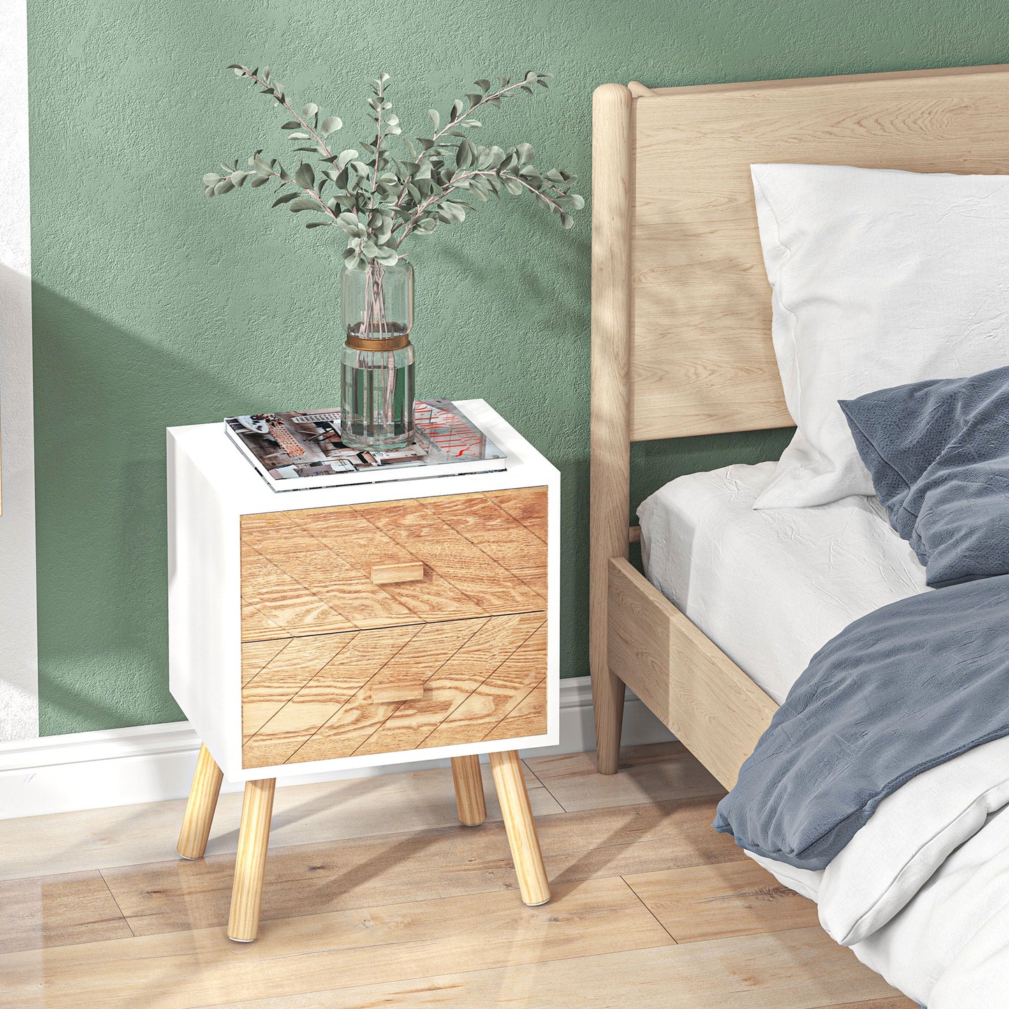 Hafane Set Of 2 White And Natural  Bedside Tables 2 Chevron Drawers