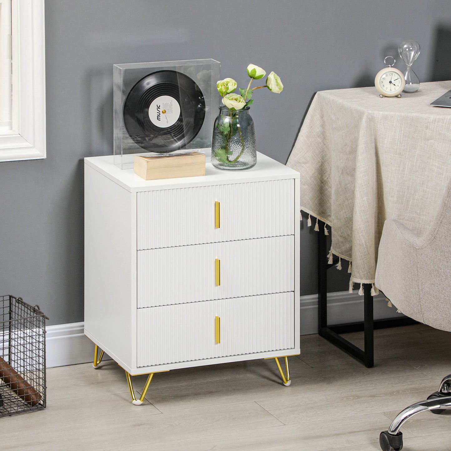 Tempette Wood White And Gold Tone Elegant 3 Ribbed Drawer Storage Chest