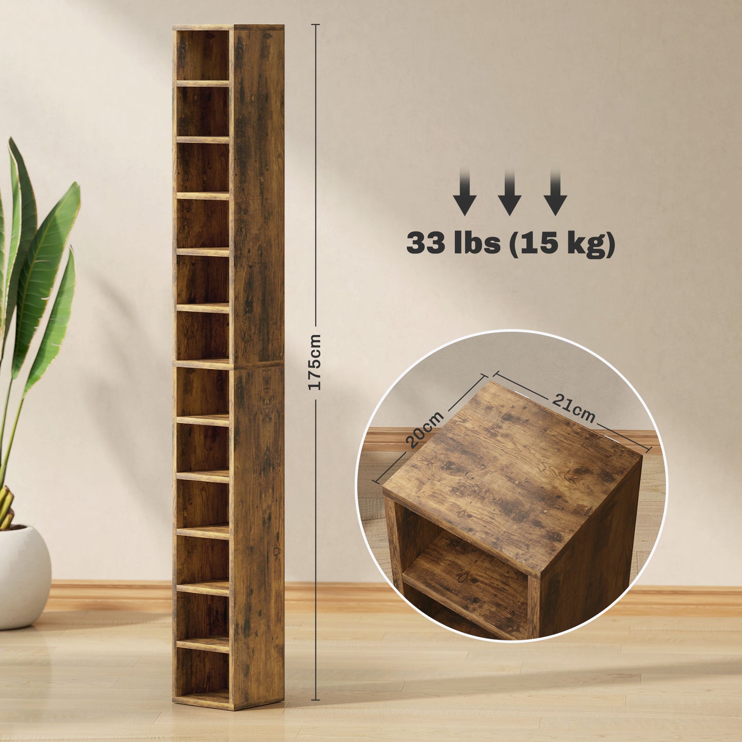 Nedito Wood Rustic Brown Tall Narrow Media Storage Tower With 204 Disc Capacity