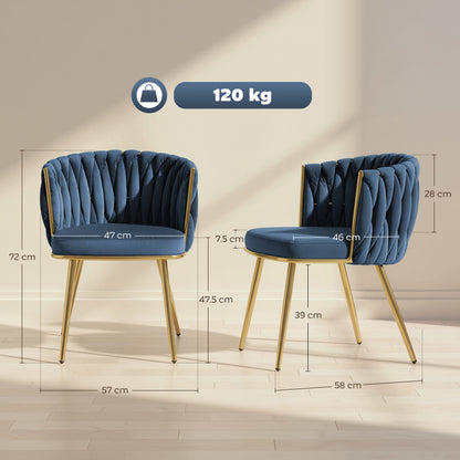 Sosura Set Of 2 Dark Blue Velvet Upholstered Dining Chairs With Woven Back And Arms