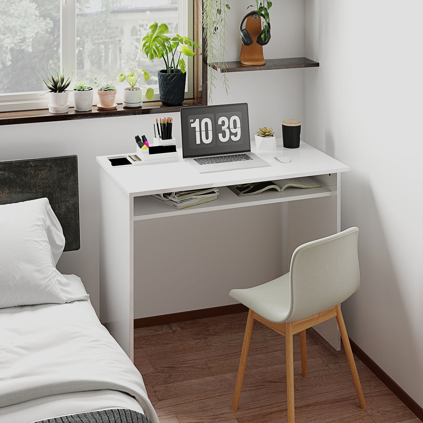 Selu 90cm High Gloss White Compact Study Desk With Storage Shelf