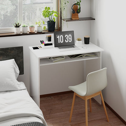 Selu 90cm High Gloss White Compact Study Desk With Storage Shelf