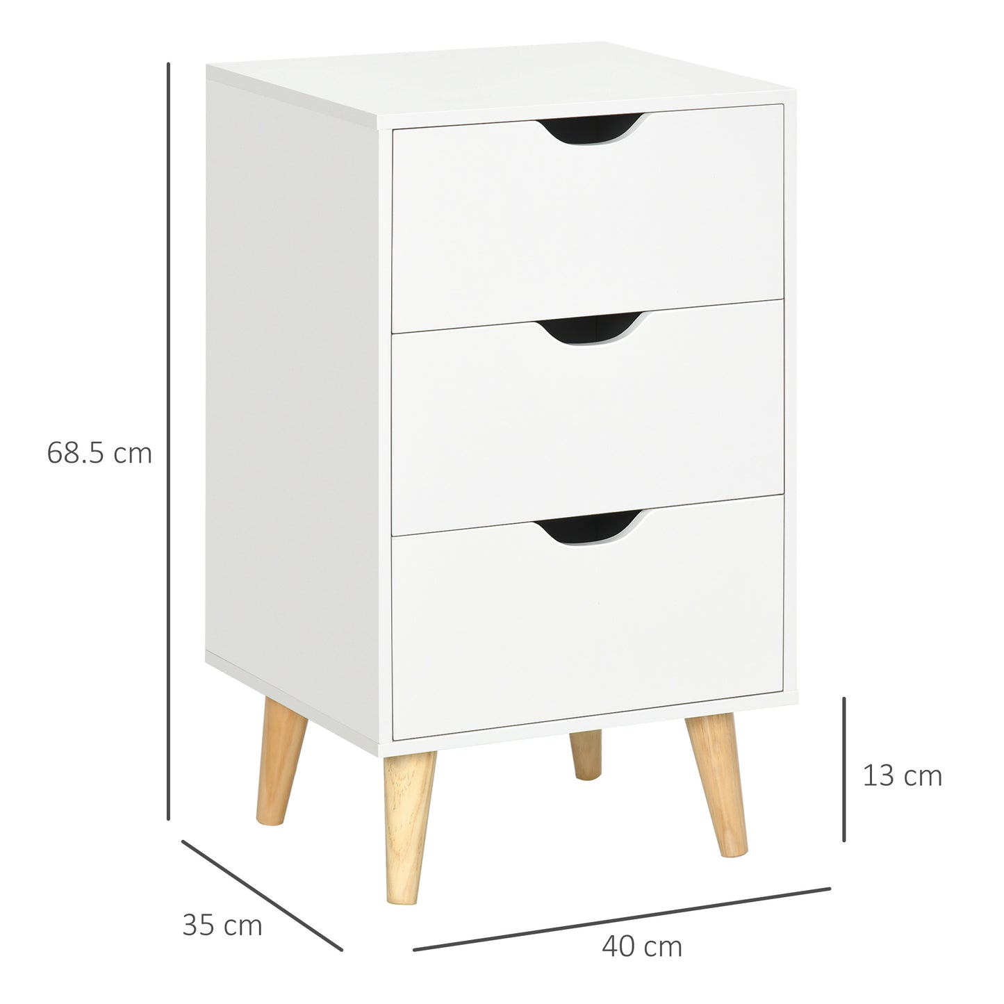 Rato White Bedside Table With 3 Drawers And Narural Wood Legs