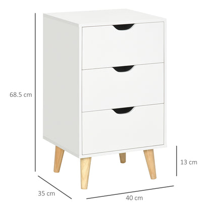 Rato White Bedside Table With 3 Drawers And Narural Wood Legs