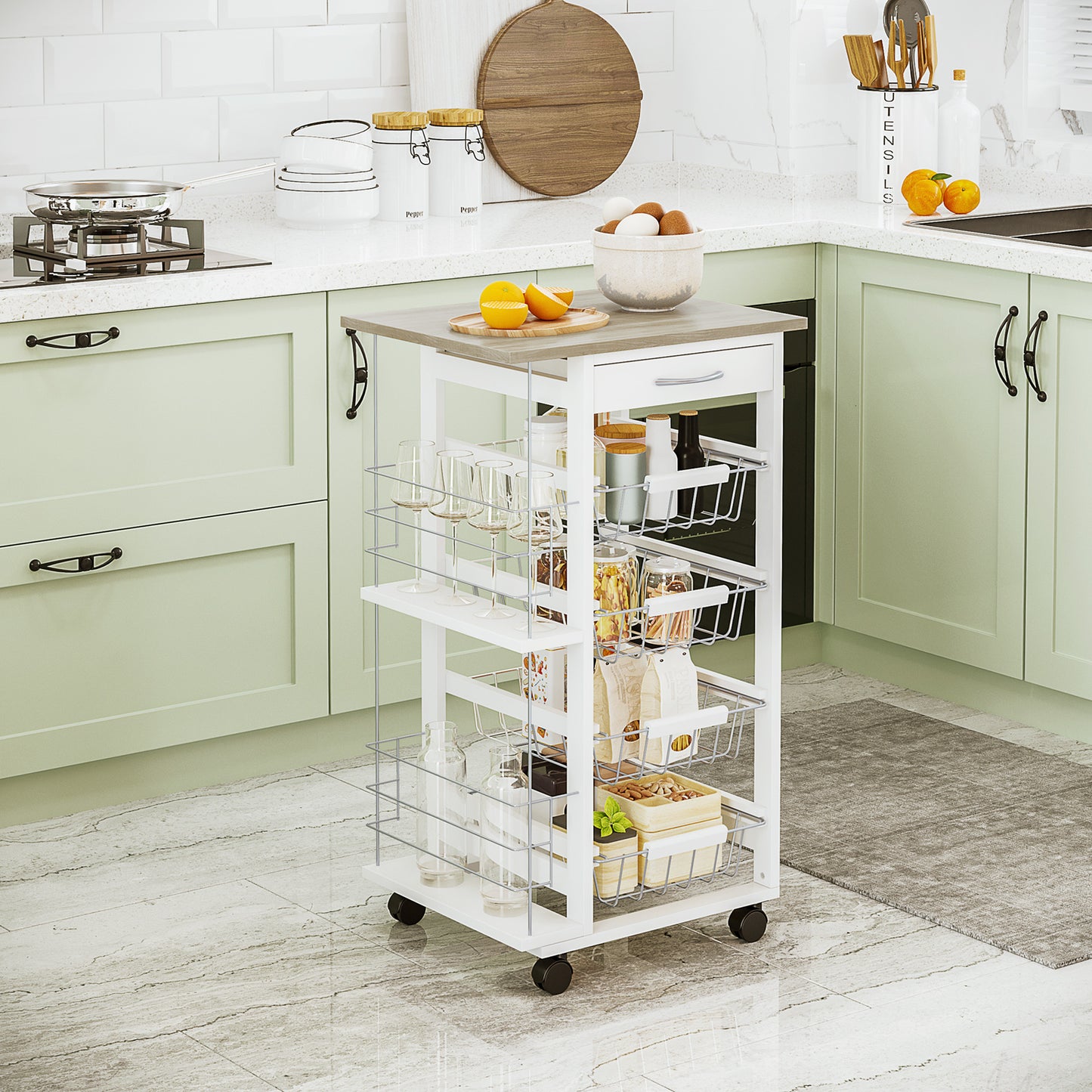 Norili Metal Natural And White Rolling Kitchen Cart With 4 Basket Drawers And Side Racks