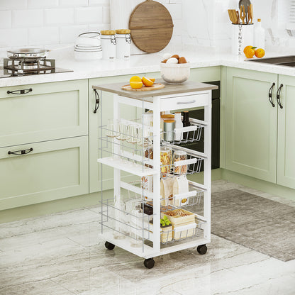 Norili Metal Natural And White Rolling Kitchen Cart With 4 Basket Drawers And Side Racks