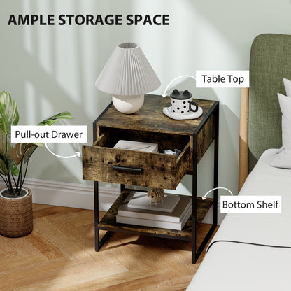 Likeli Rustic Brown Modern Bedside Table With Bottom Shelf and Drawer