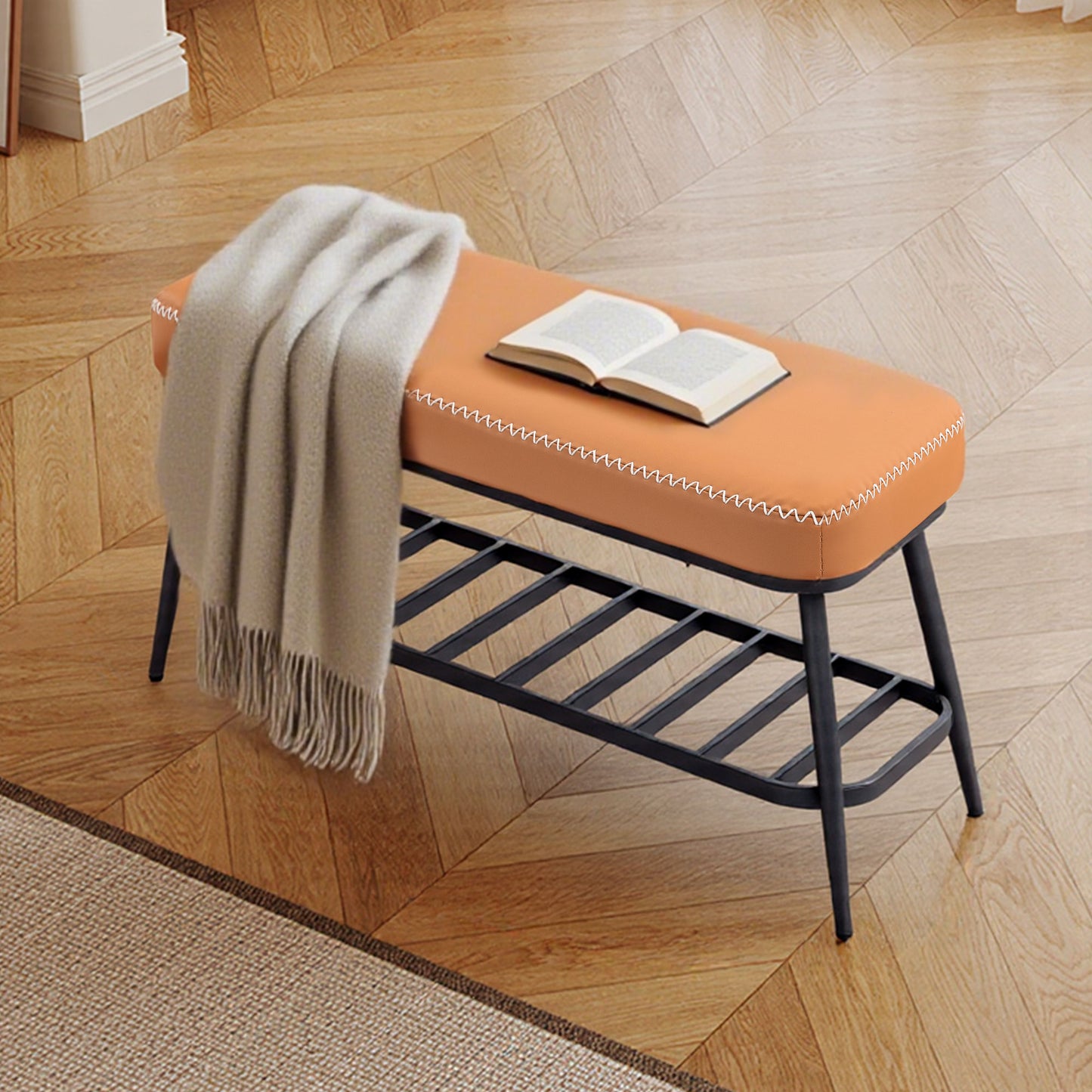 Elbani Faux Leather Orange Shoe Storage Bench With Cushioned Seat