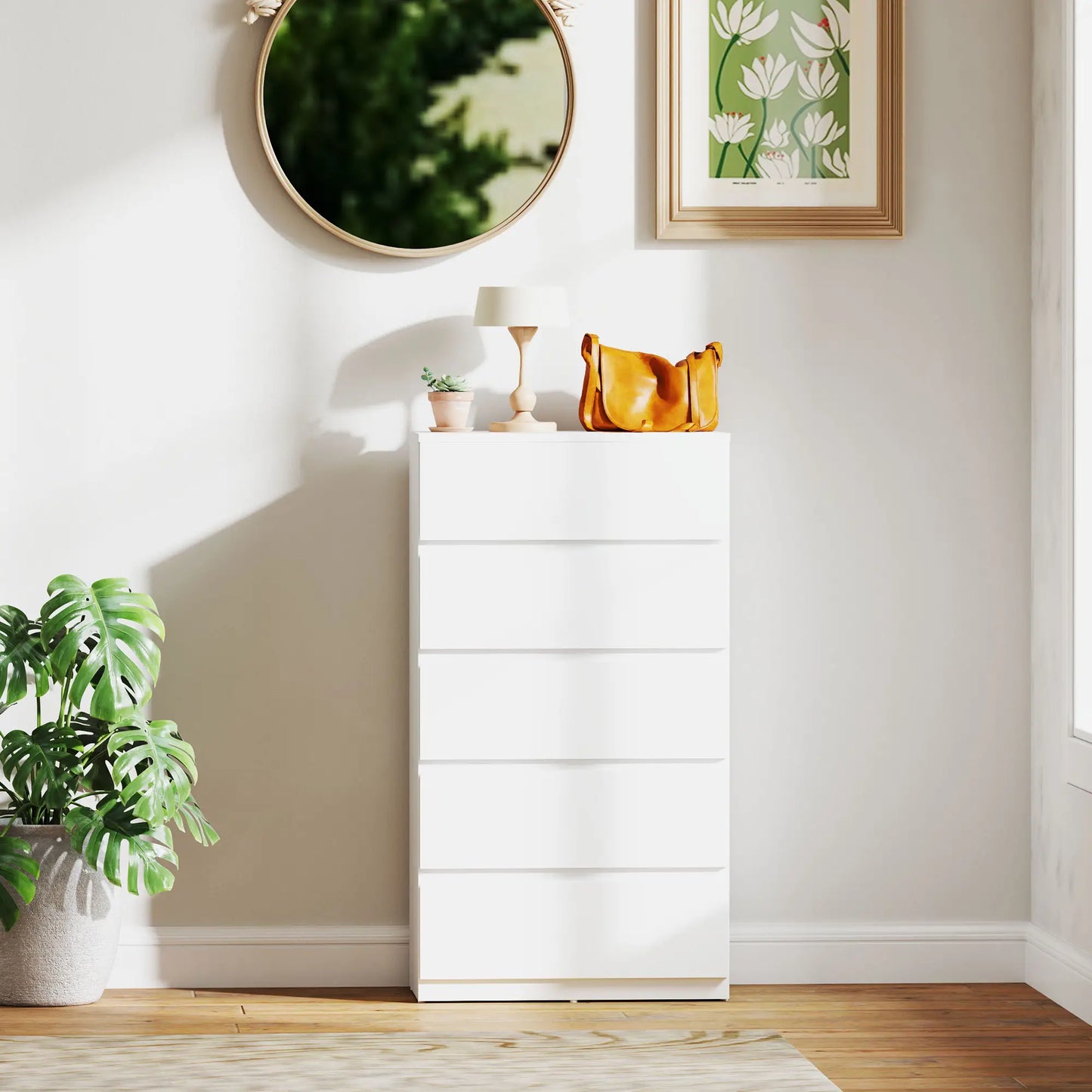Staki Wooden Neutral Finish 5 Drawer Modern Storage Chest
