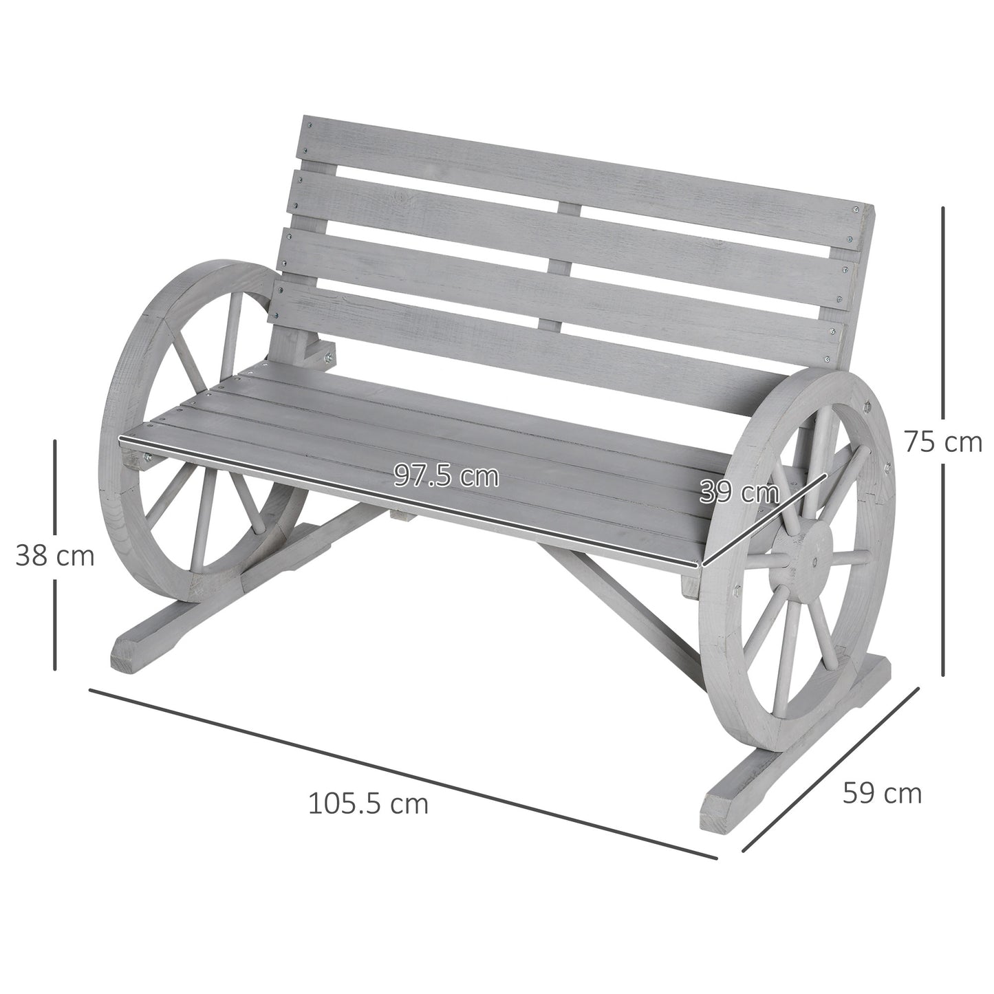 Linifi Wood Grey Rustic 2 Seater Garden Bench With Wagon Wheel Arms And High Back