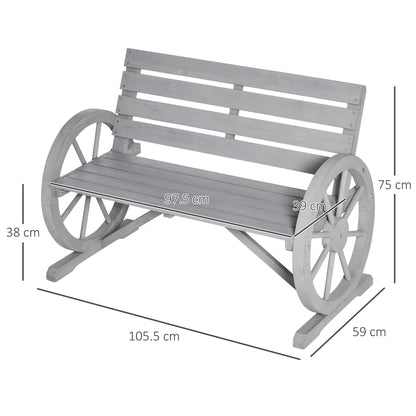 Linifi Wood Grey Rustic 2 Seater Garden Bench With Wagon Wheel Arms And High Back