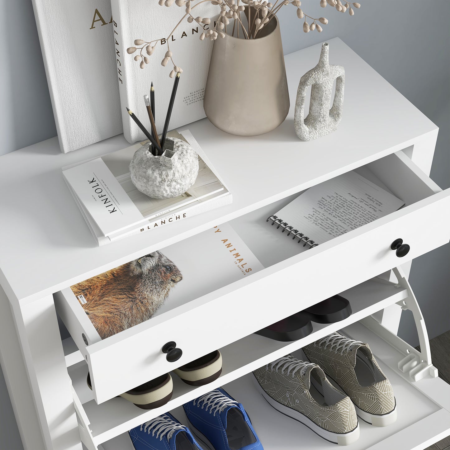 Sora Wooden White Slim Shoe Cabinet With 2 Flip Drawers