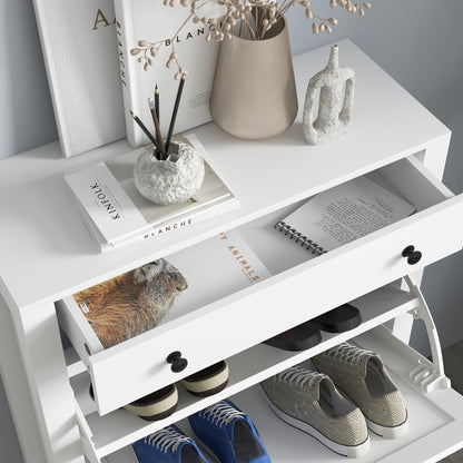 Sora Wooden White Slim Shoe Cabinet With 2 Flip Drawers
