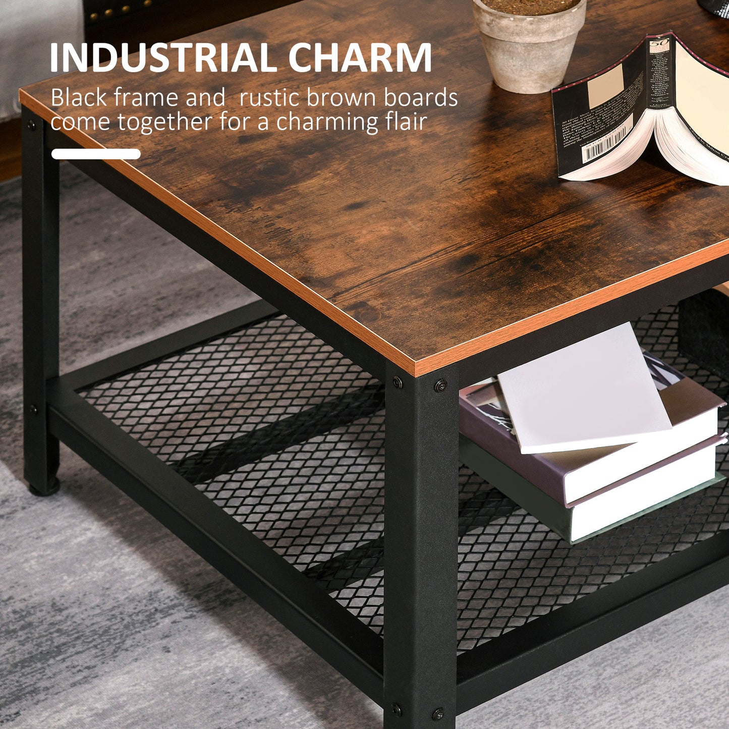 Mivefa Metal And Wood Rustic Brown Industrial Coffee Table With Bottom Mesh Shelf