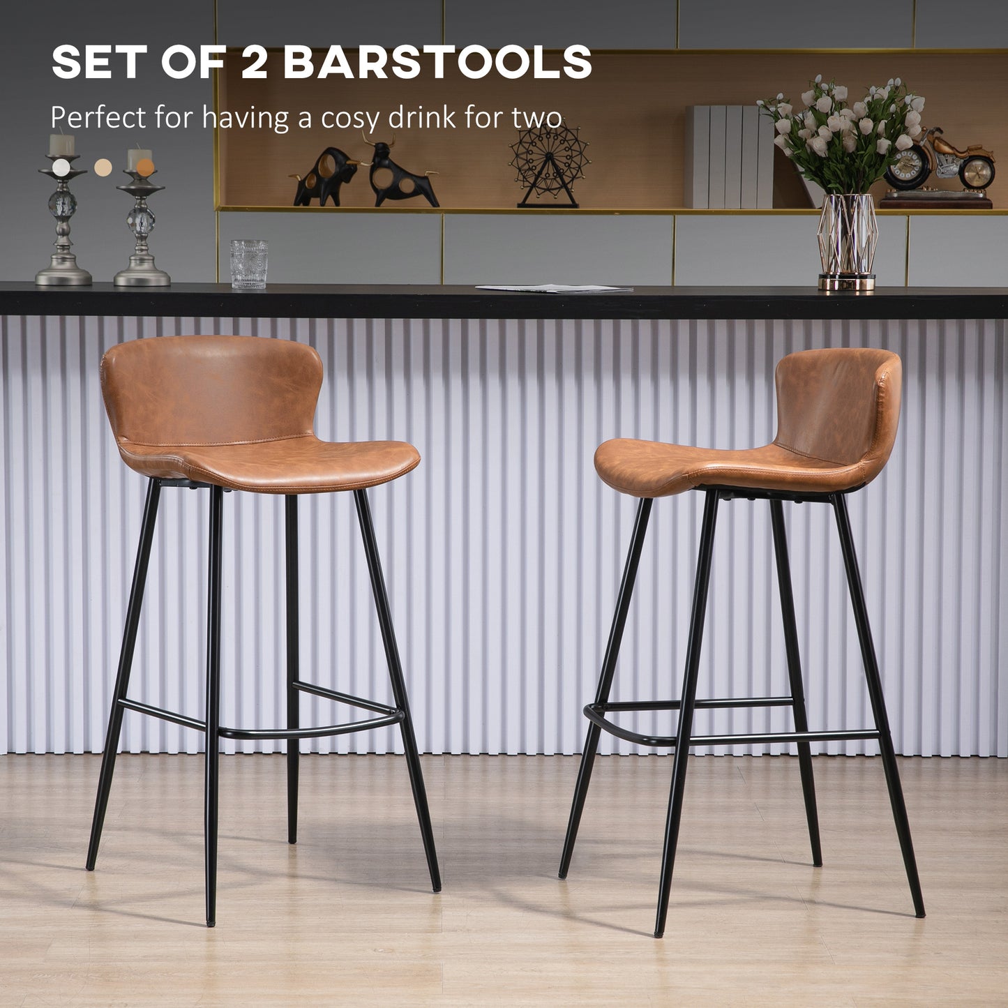 Lorelu Faux Leather Brown Upholstered Bar Chairs Set Of 2 With Steel Legs And Footrest