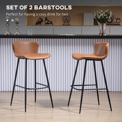 Lorelu Faux Leather Brown Upholstered Bar Chairs Set Of 2 With Steel Legs And Footrest