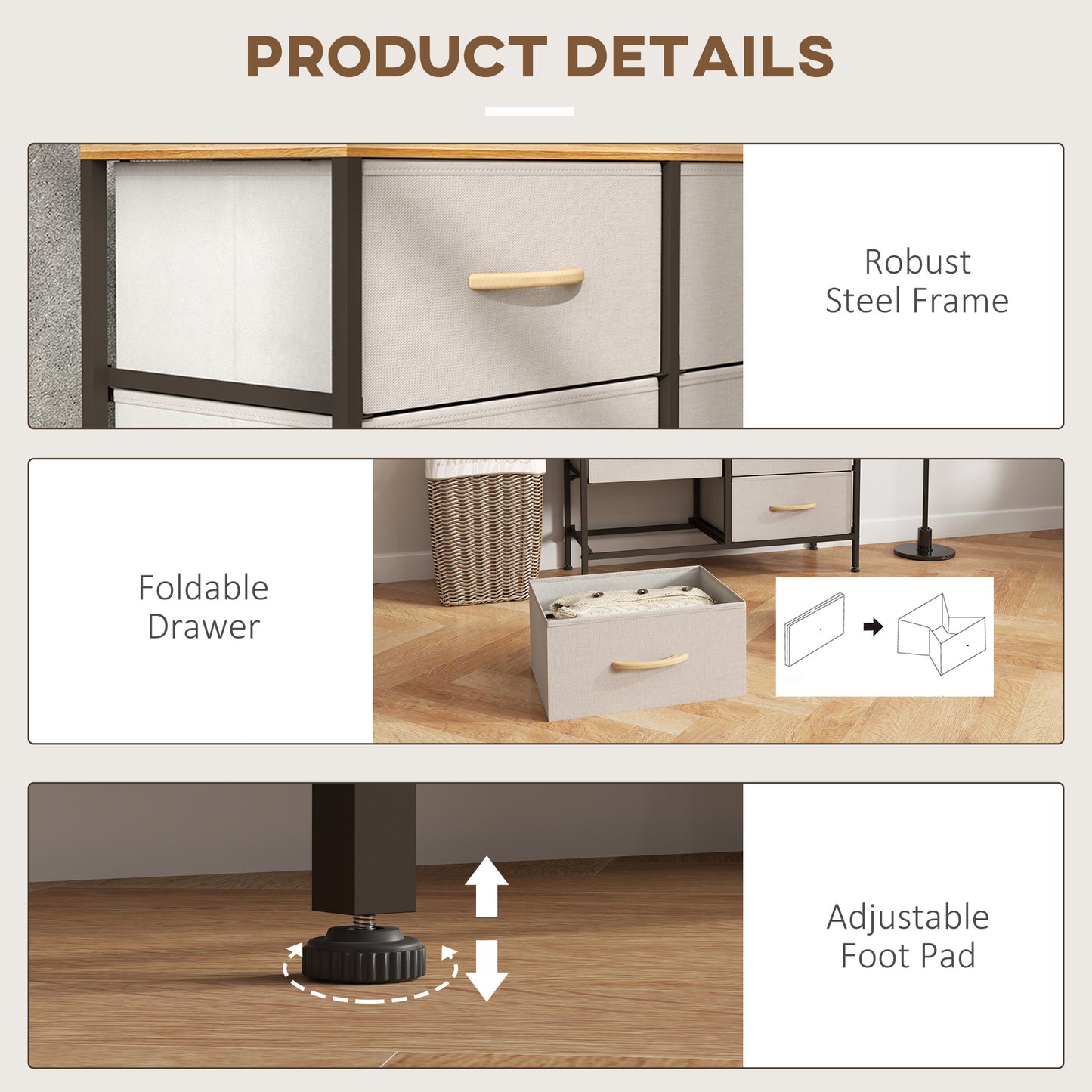 Nali Metal And Fabric Cream White 6 Drawer Industrial Storage Dresser With Steel Frame
