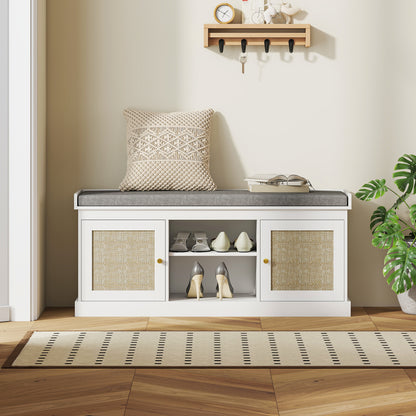 Bafisa Wooden White Boho Shoe Bench With Cushioned Seat And Rattan Doors