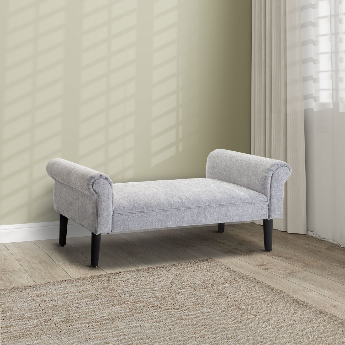 Bapazi Fabric Grey Upholstered Bed End Bench With Arm And Wooden Legs