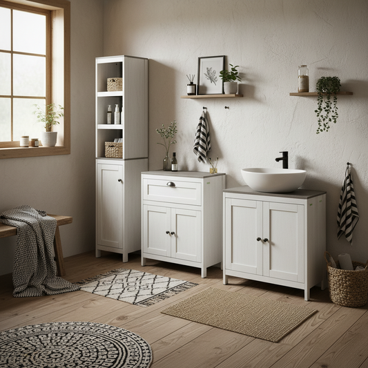 Hanaka Bathroom Furniture Set With 6 Tier Tall Cabinet Floor Storage And Under Sink Unit Antique White