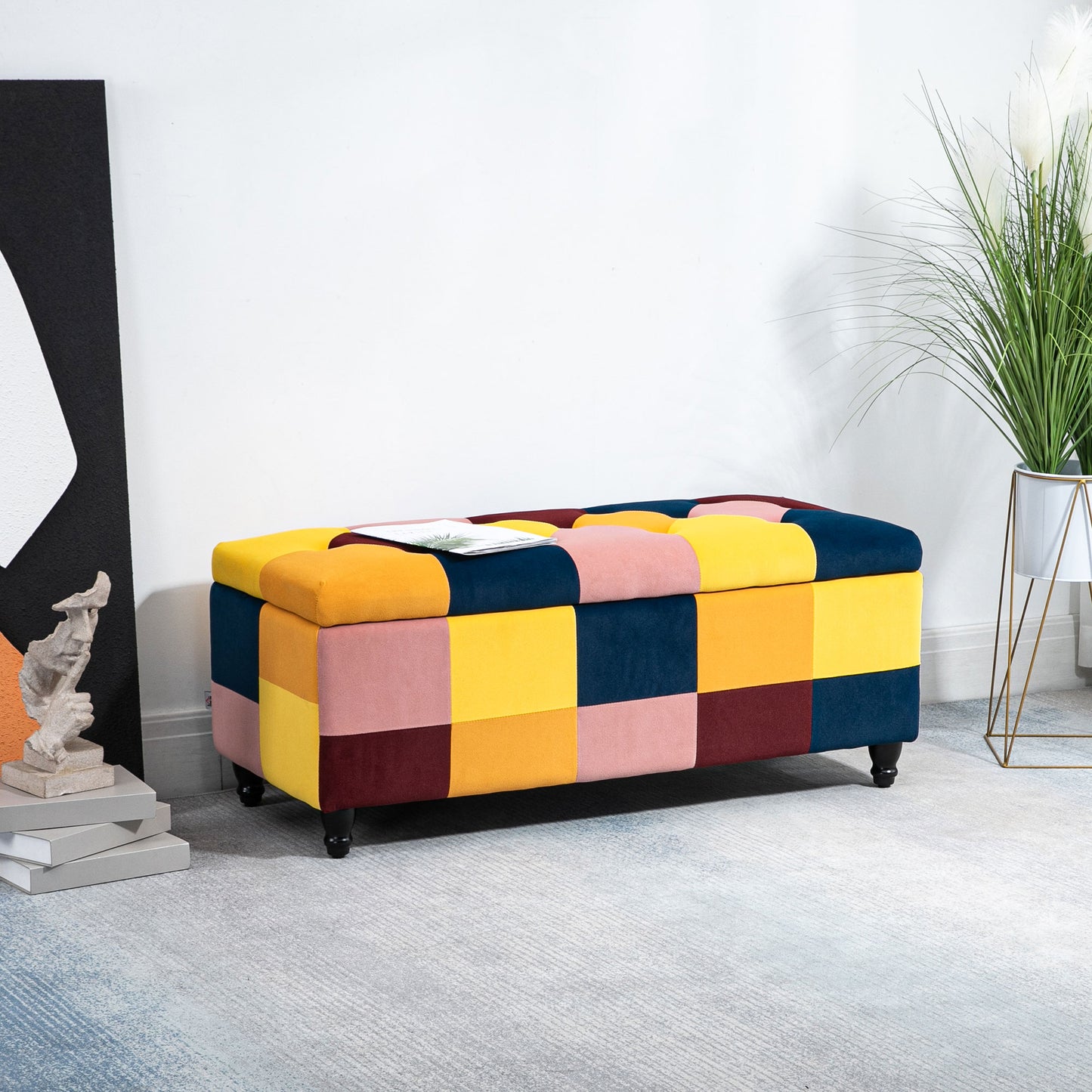 Tava Velvet Multicolour Storage Bench With Wooden Legs For Bedroom