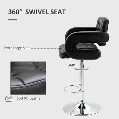 Hafi Rino Faux Leather Black Adjustable Swivel Bar Stools Set Of 2 With Back And Arm Support