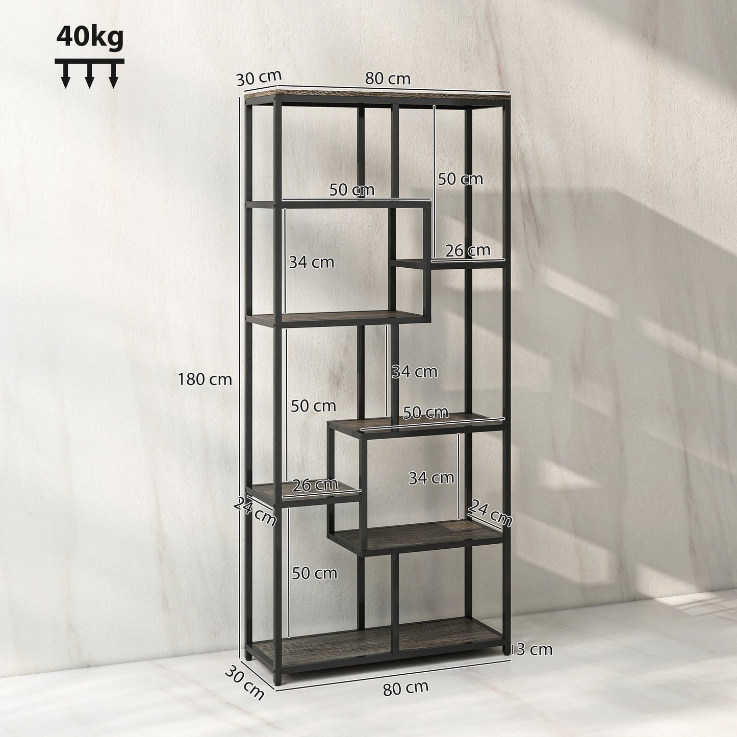 Sudina Metal And Wood Grey And Black 7 Tier Geometric Display Bookcase