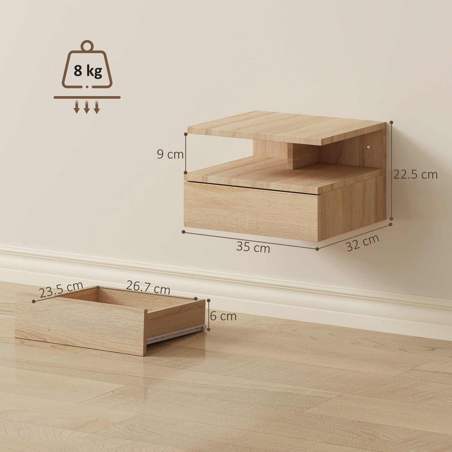 Vesopa Set Of 2 Natural Wood Floating Bedside Tables Wall Mounted