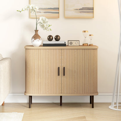 Ronoke Natural Oak Effect Mid Century Sideboard Slatted Sliding Doors Black Metal Legs