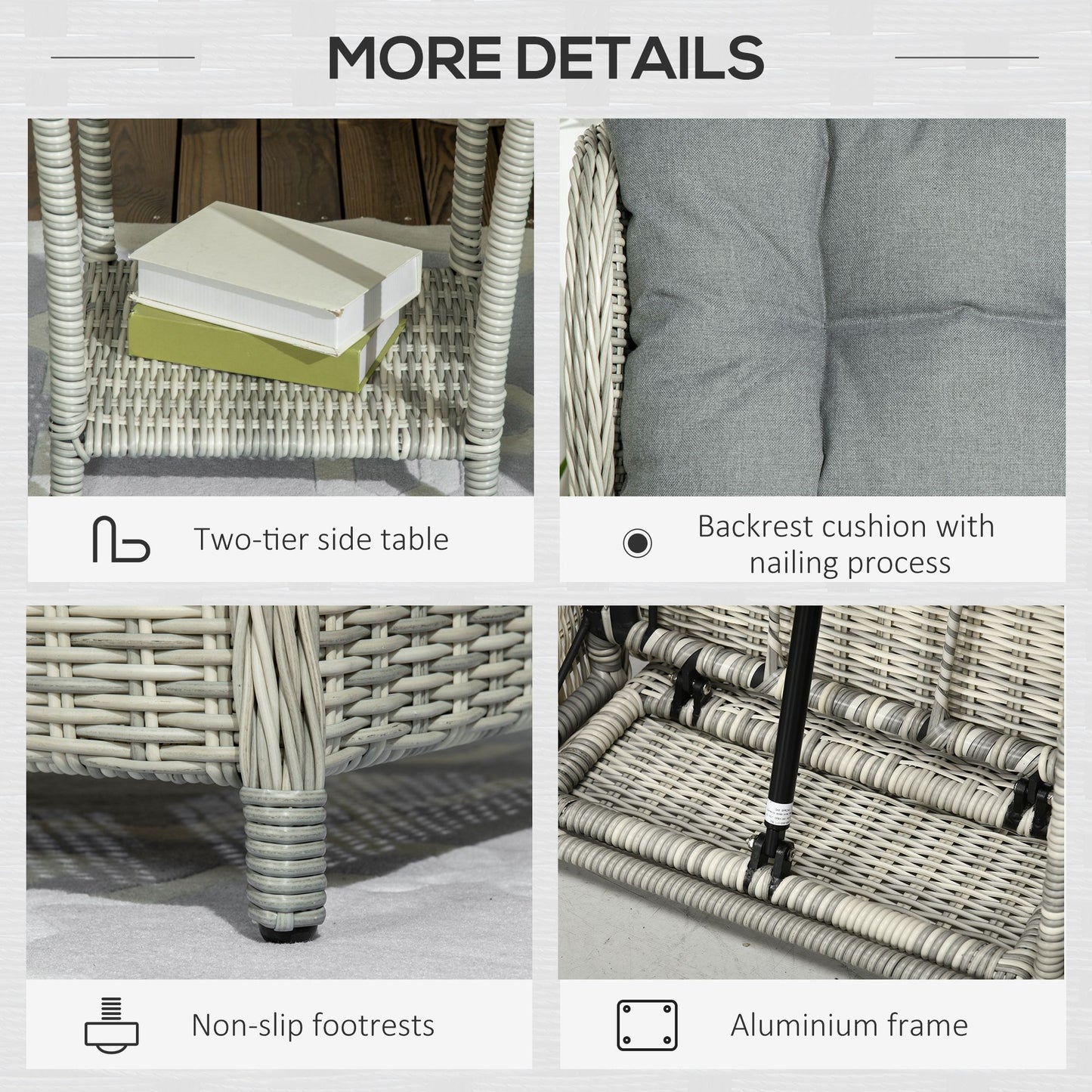 Lusuva Faux Rattan Grey 5 Piece Reclining Bistro Set With Footstools Cushions And Glass Table