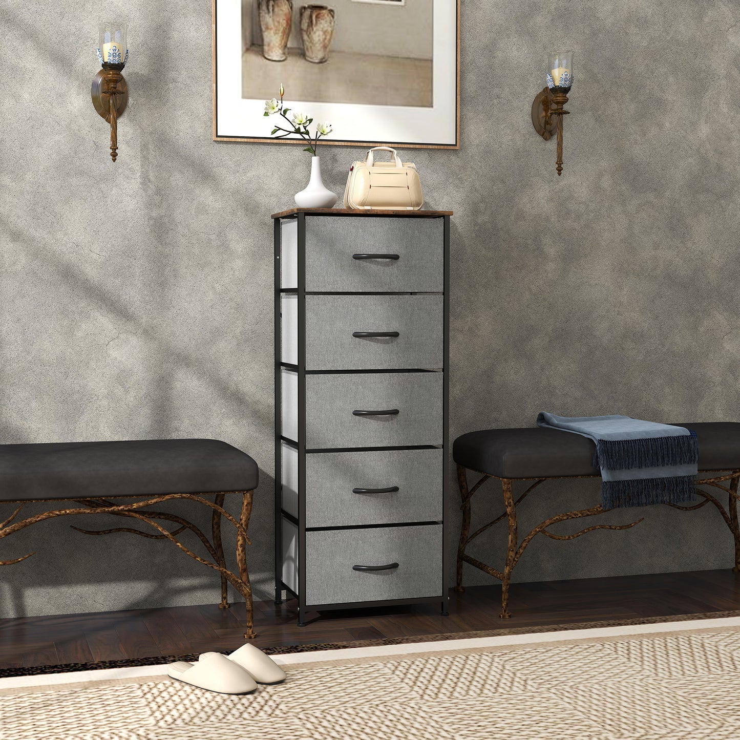 Elno Nano Metal And Fabric Rustic Brown And Grey 5 Drawer Industrial Storage Dresser