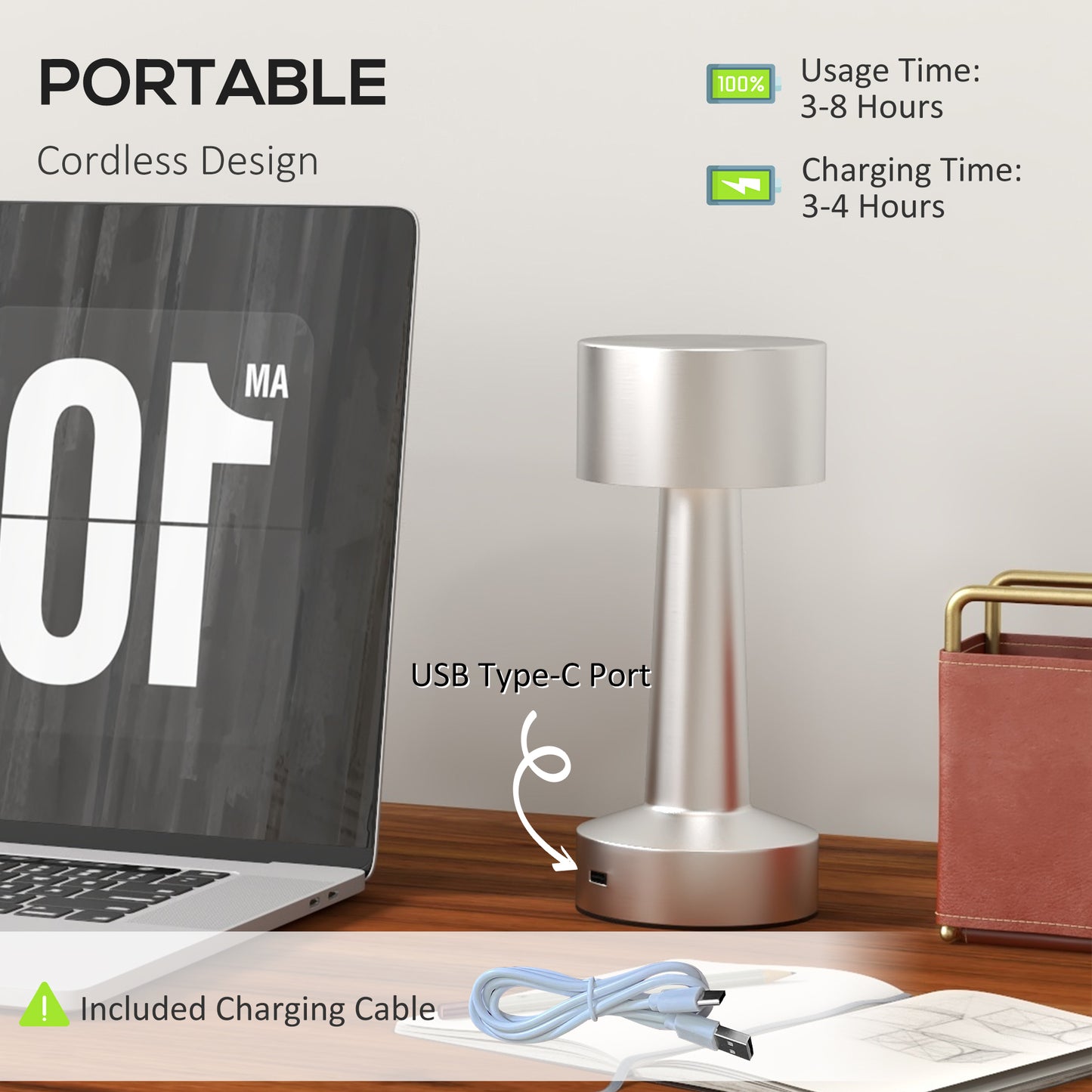 Dova Metal Silver Cordless Touch LED Table Lamp With Rechargeable Battery And 3 Colour Modes