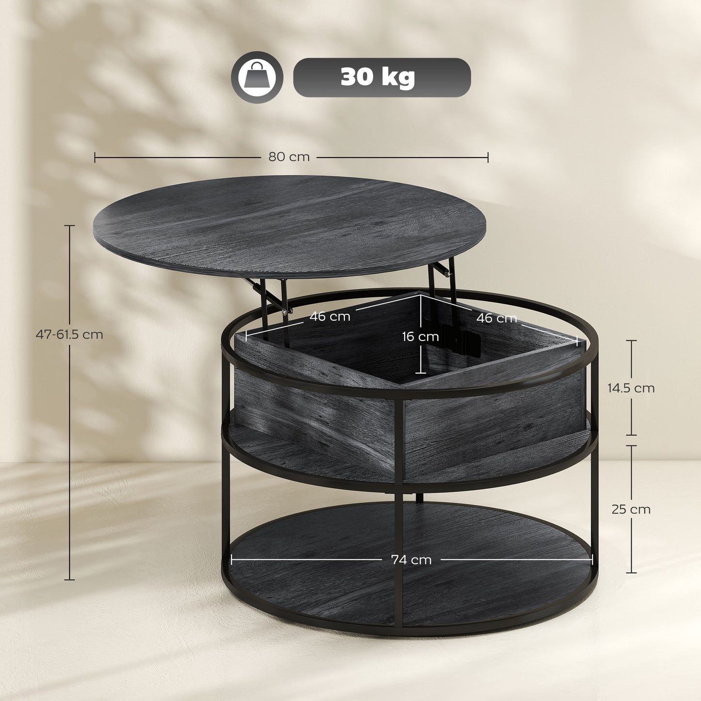 Diha Metal And Wooden Dark Grey Round Lift Top Coffee Table With Hidden Storage