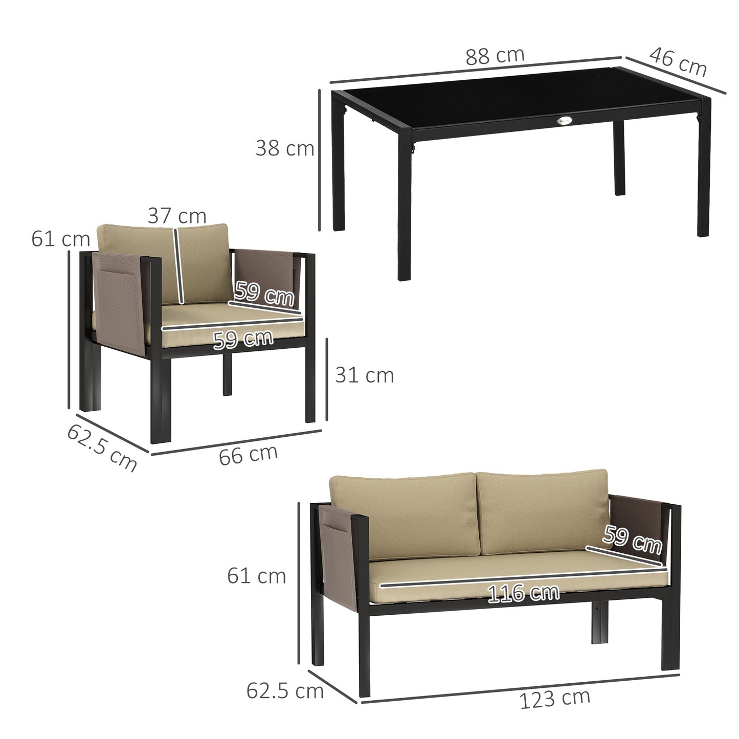 Namato Beige 4 Seater Outdoor Sofa Set With Glass Table and Side Pockets