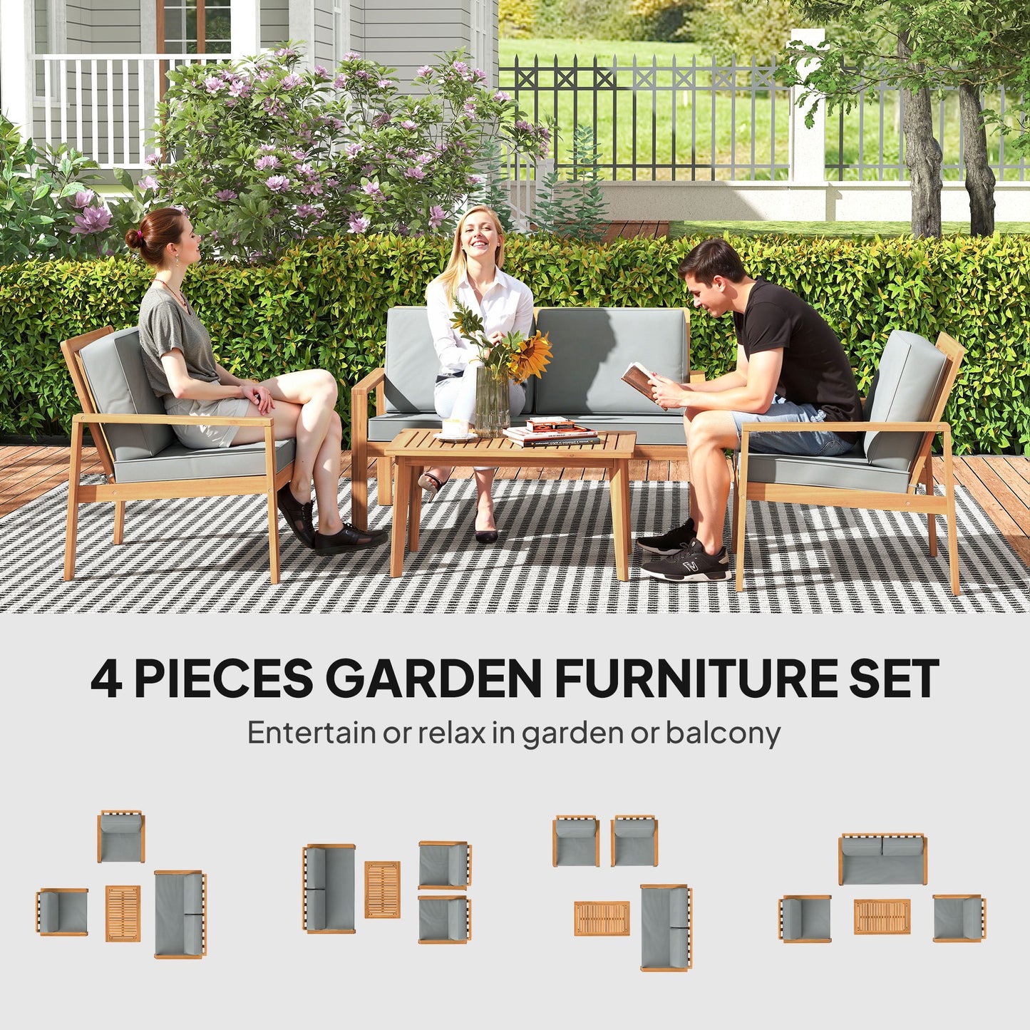 Rotoyo Teak Wood 4 Seater Outdoor Garden Furniture Set with Grey Cushions