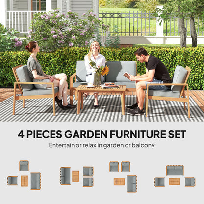 Rotoyo Teak Wood 4 Seater Outdoor Garden Furniture Set with Grey Cushions