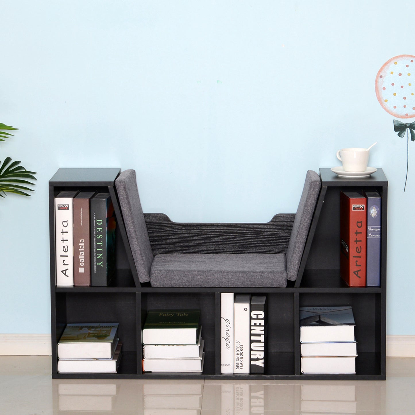 Yofilo Wood And Fabric Black Cube Bookcase With Built In Reading Seat