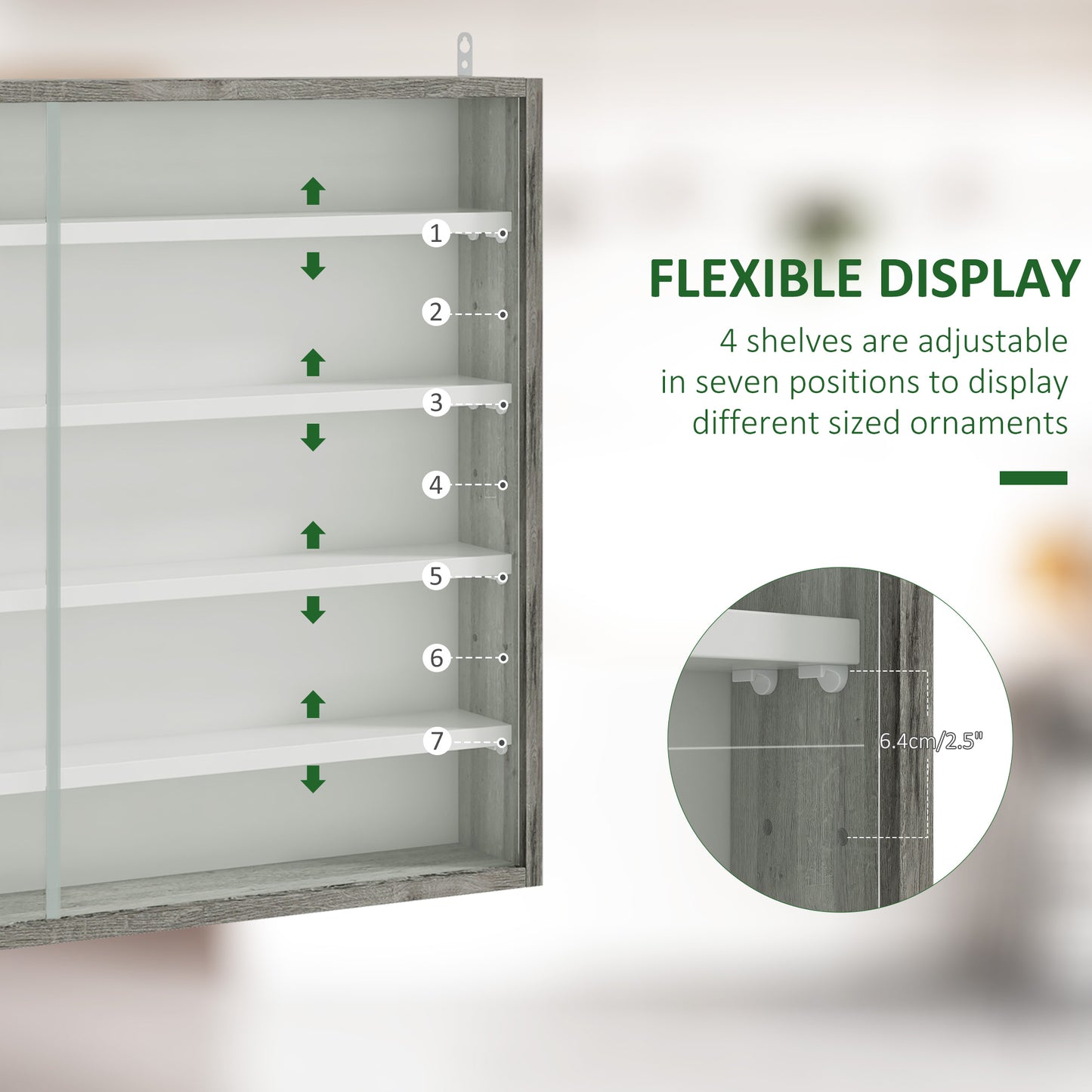 Kasofa Wood And Glass Grey Wood Grain 5 Tier Wall Display Cabinet With Adjustable Shelves 60 x 80 cm