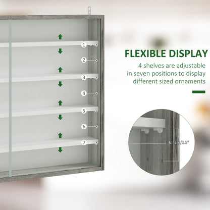Kasofa Wood And Glass Grey Wood Grain 5 Tier Wall Display Cabinet With Adjustable Shelves 60 x 80 cm