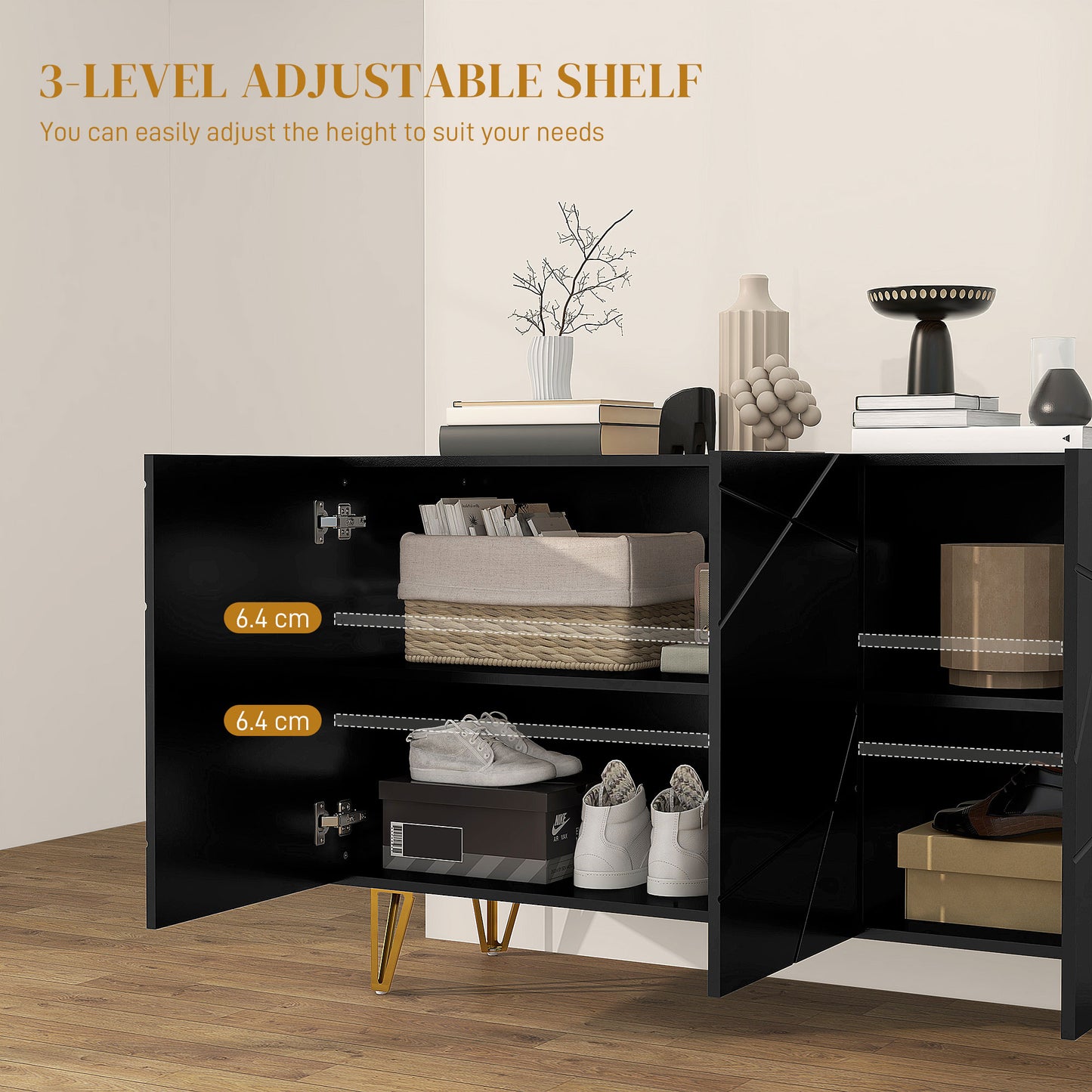 Fayosa High Gloss Black Sideboard With Golden Hairpin Legs