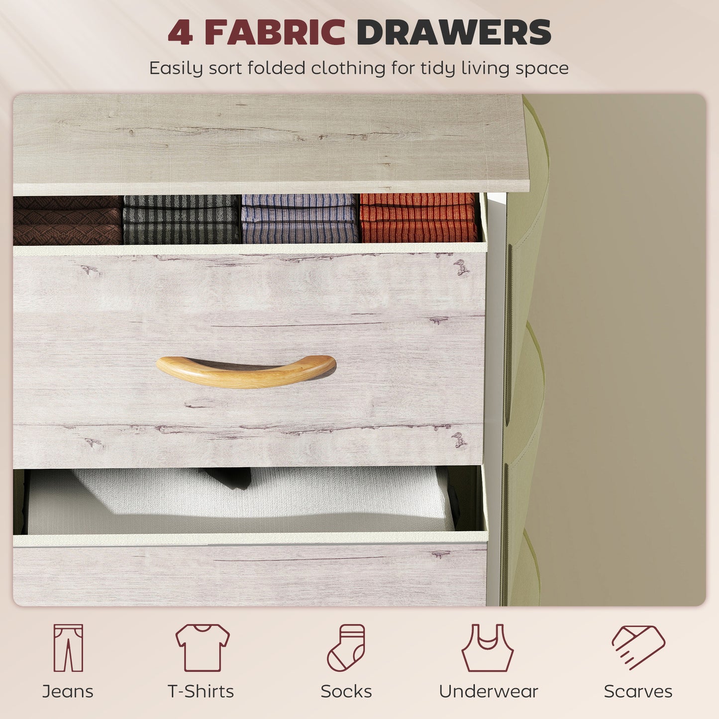 Kosatti Fabric And Metal Natural Wood Finish 4 Drawer Storage Chest