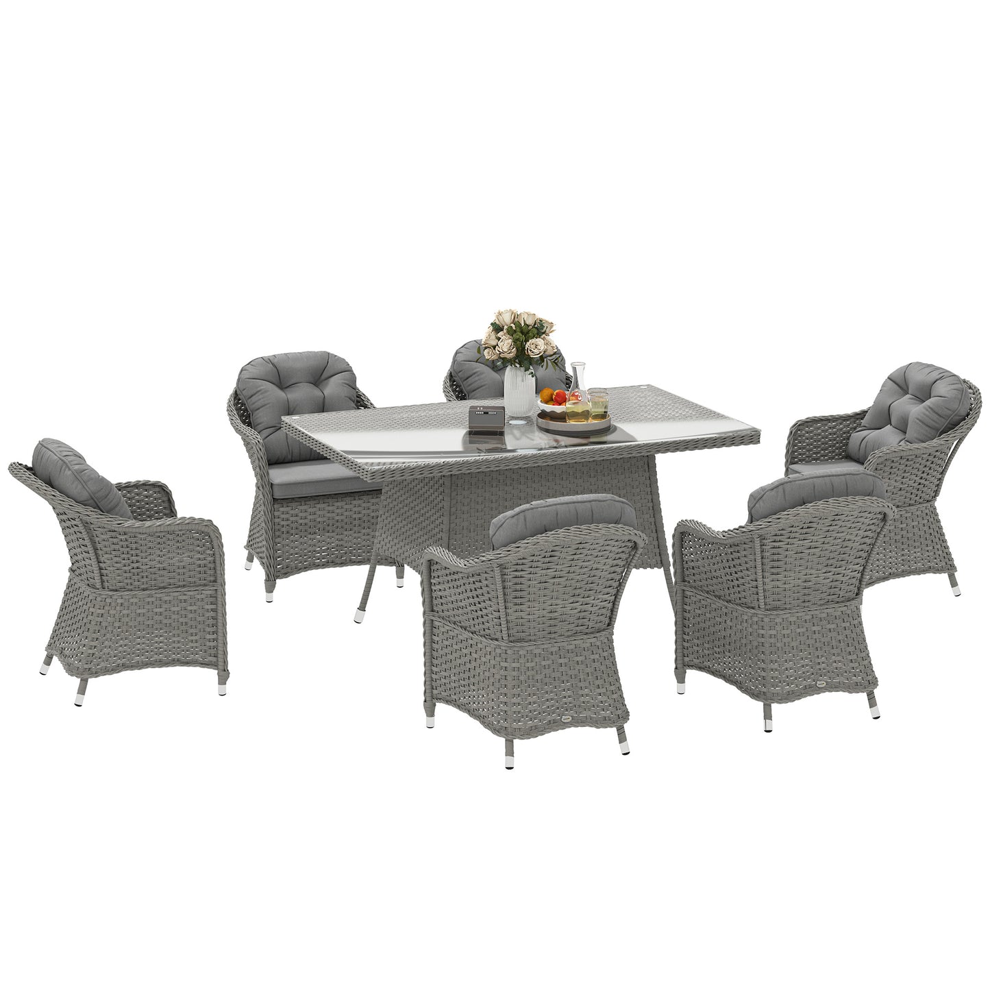 Bami  Light Grey Rattan 6 Seater Outdoor Dining Furniture Set with Glass Rectangular Table